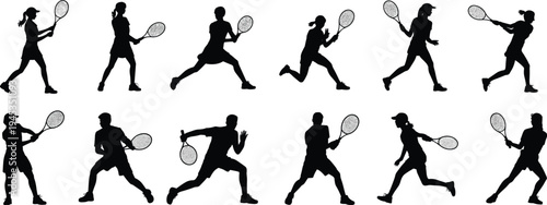 tennis, player, silhouette, sport, athlete, racket, game, action, serve, swing, competition, training, fitness, match, black, vector, icon, isolated, set, collection