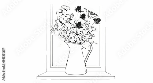 Sketch of a bouquet in a pitcher on a windowsill