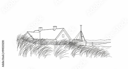 Sketch of a boat at sea near a house with tall grass