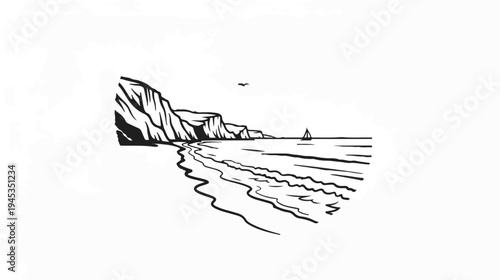 Stylized black and white drawing of a cliffside beach with a sailboat on the sea