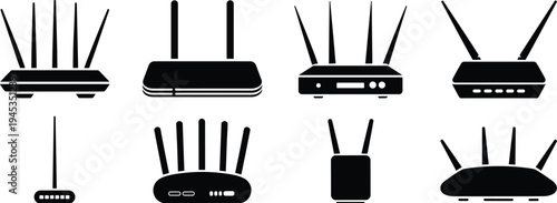 WiFi router silhouettes collection, wireless internet modem devices set, networking equipment icons, technology connection hardware vector illustration isolated bundle