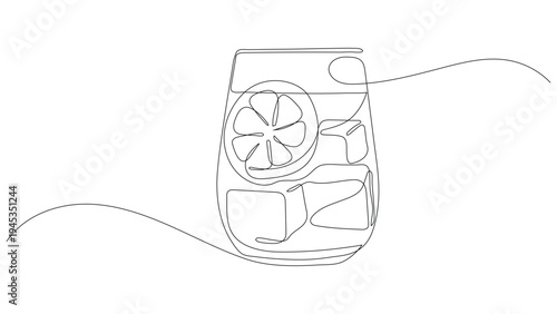 Minimalist continuous one-line drawing of fresh lemonade glass with ice and lemons. Editable stroke