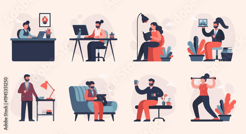 Diverse individuals engage in various activities, including work and fitness