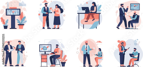 Diverse business scenarios with people collaborating in modern office settings