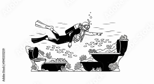 Diver explores surreal underwater world with toilets as coral reefs