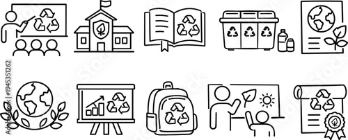 Collection of eco-friendly city icons representing sustainability and recycling efforts