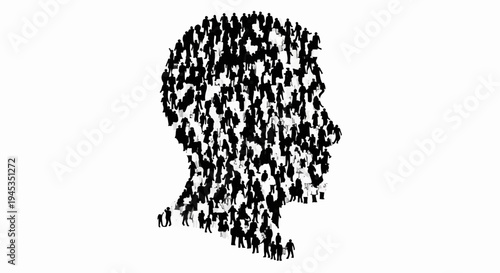Silhouetted crowd forming a profile of a human head