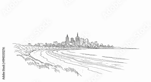 Sketch of a coastal city skyline with a sandy beach and grassy dunes in foreground
