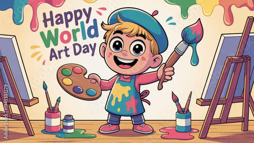 Happy little artist painting with colorful brushes and palette on world art day