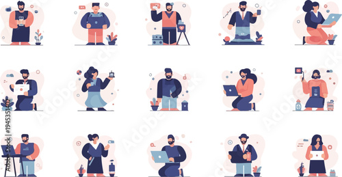 Diverse group of people engaged in various modern activities, including technology and creative pursuits