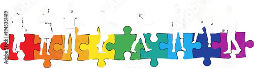 Silhouettes of people walking on colorful puzzle pieces connected in a line