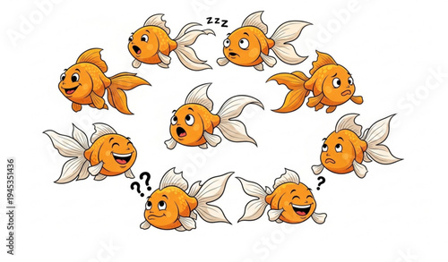 Cute goldfish emotion characters hand drawn vector collection with funny fish faces
