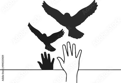 Silhouettes of two birds flying above hands emerging from a surface