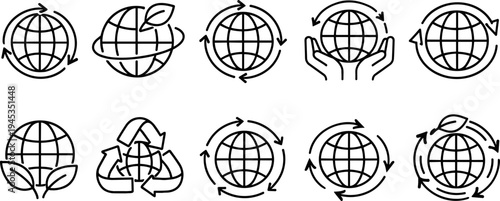 Collection of global sustainability and recycling icons with earth and leaves