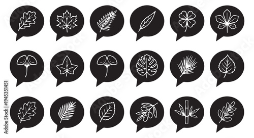 Collection of 16 black speech bubbles with various white leaf designs on a plain background