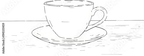 Simple line drawing of a coffee cup and saucer on a textured surface