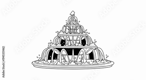 Stylized black and white drawing of a tiered water fountain with cascading streams