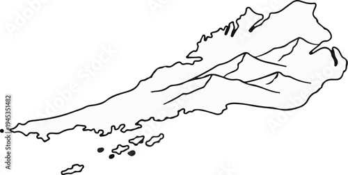 Simple line drawing of a long, mountainous island chain with smaller islands