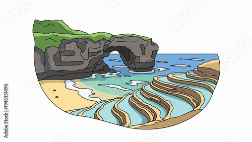 Coastal cliff with an ocean arch, sandy beach, and terraced water pools