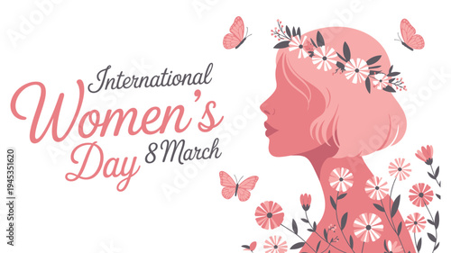 A pink silhouette of a woman celebrating International Women's Day with flowers and butterflies.