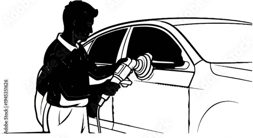 Silhouetted man polishing a car with a power buffer