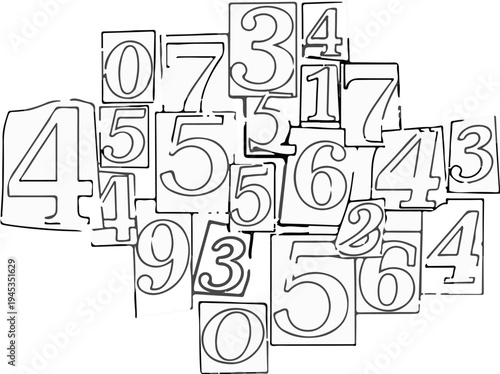 Scattered numbers in varying sizes and styles, overlapping with bold outlines