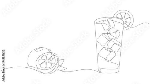 Minimalist continuous one-line drawing of fresh lemonade glass with ice and lemons. Editable stroke