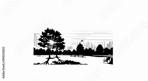 Silhouette of a park with a tree, benches, and city skyline