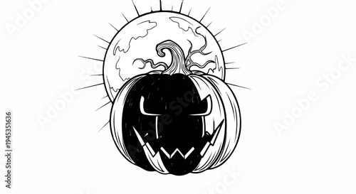 Scary Halloween pumpkin face illuminated by a full moon with rays