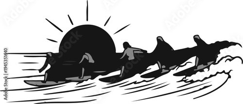 Silhouetted surfers ride waves under a setting sun, graphic art style