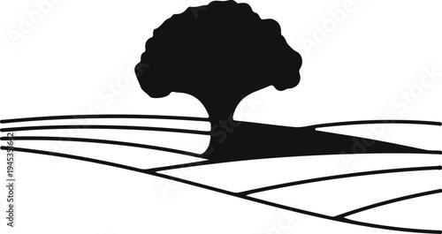 Silhouetted tree with rounded canopy stands over stylized rolling fields