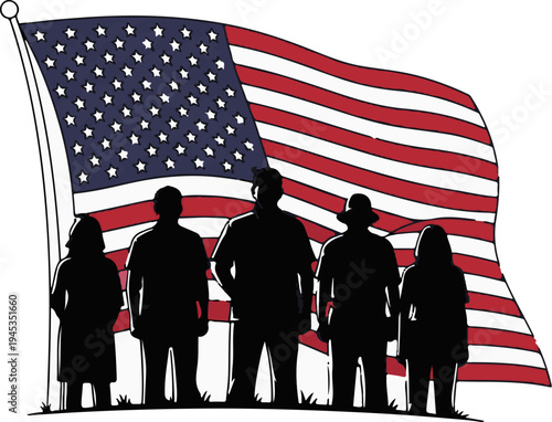 Silhouettes of diverse people stand proudly before a waving national flag