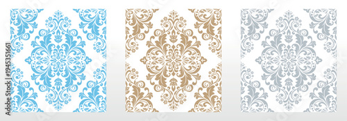 Wallpapers in the style of Baroque.. Set of colored floral ornaments. Seamless vector backgrounds Graphic patterns for fabric, wallpaper, packaging. Ornate Damask flower illustration