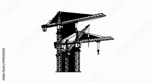 Silhouetted tower cranes against a stark white background, industrial scene