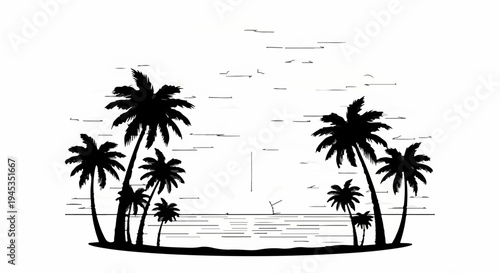 Silhouetted palm trees frame a tranquil ocean sunset with a distant boat
