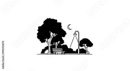 Silhouette of a park bench under a tree at night with a crescent moon and lamp