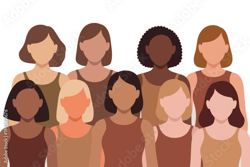A diverse group of women standing together in unity and solidarity, showcasing different skin tones and hairstyles.