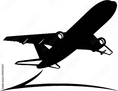 Silhouette of a passenger jet taking flight with a stylized wave below