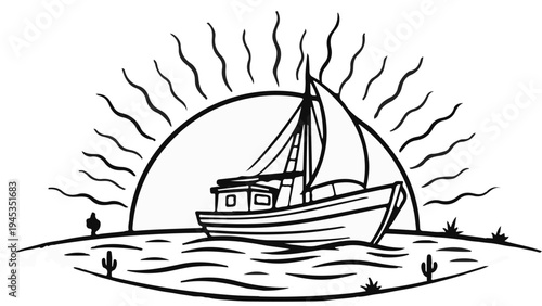 Sailing boat in the desert under a stylized sun