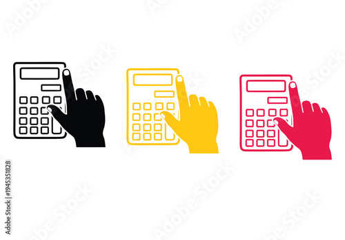 Hand touching calculator buttons in black, yellow, red on white background