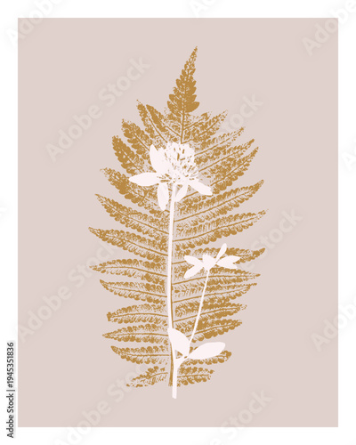 Artistic botanical print featuring golden fern and white clover branch with a flower on powder background, an aesthetically pleasing poster in modern herbarium style for interior and decor. Vector