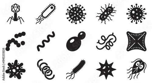 Collection of various bacteria and germs illustrations in black on Transparent Background
