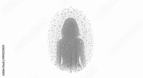 Silhouette of a person seen through a window covered in raindrops