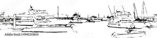 Striking sketch of a busy marina filled with various boats and yachts