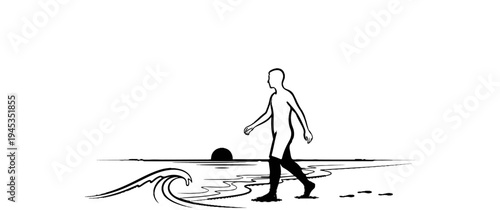 Silhouette of a person walking along a sandy beach at sunset with ocean waves