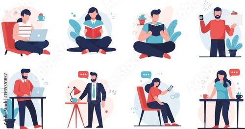 Diverse individuals engaged in various activities like working, reading, and communicating