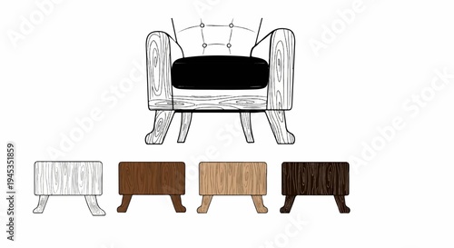 Rustic wooden armchair with four different stained bases shown below