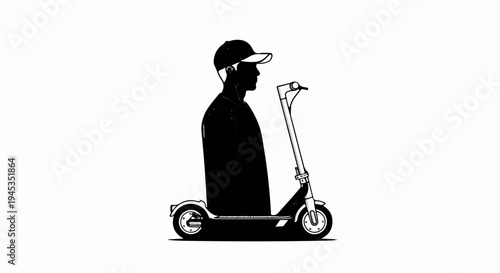 Silhouette of a person wearing a cap and an electric scooter