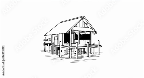 Rustic stilt house on water with thatched roof, drawing