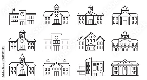 Collection of 12 simple line drawings of various buildings and houses in different architectural styles.